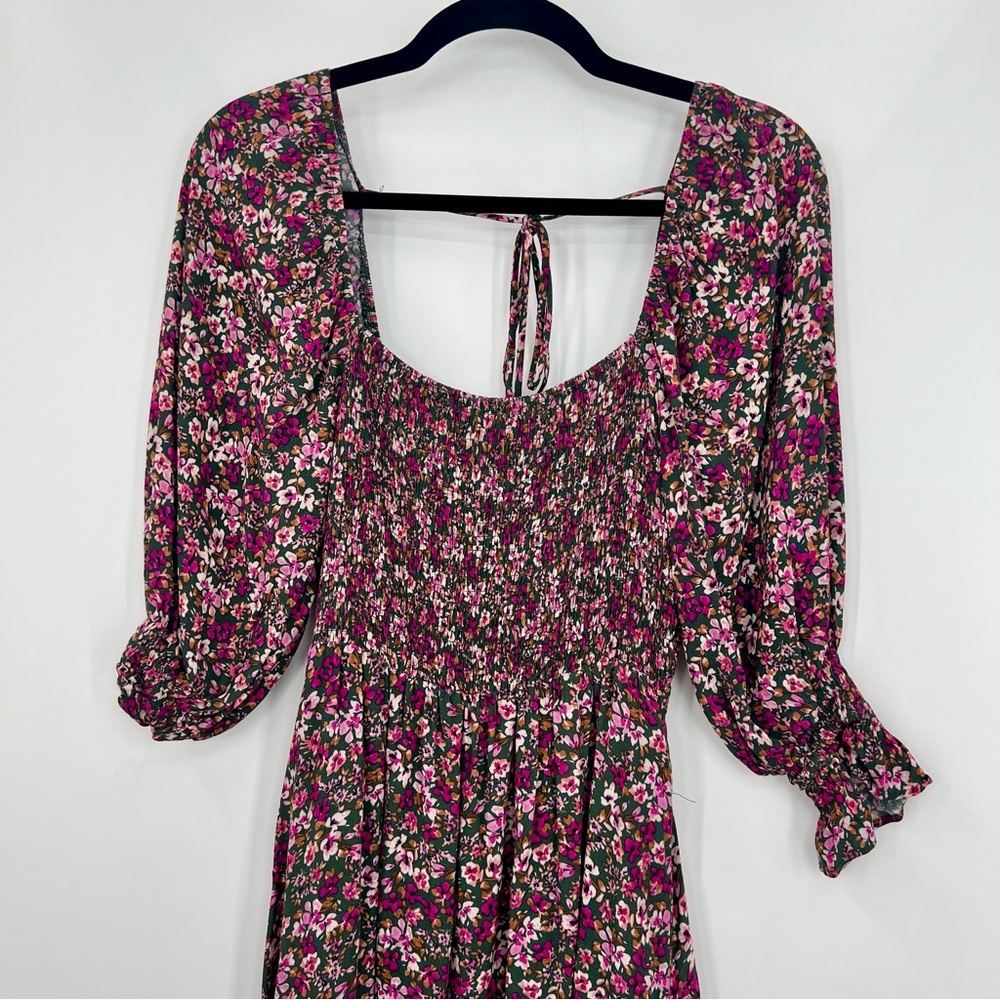 Lucy Paris Evelyn Floral Dress Green Floral Smocked Puff Sleeve M Cinched Waist - Picture 3 of 8